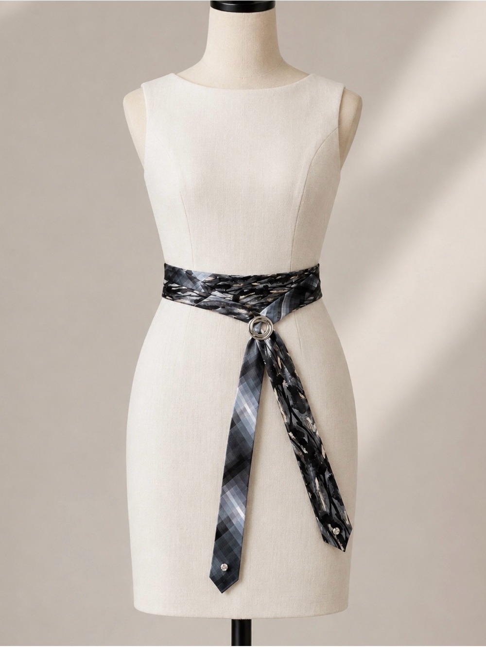 OOAK Upcycled Necktie Belt Black Gray, Vintage Sarah Coventry, w/Hidden Pocket
